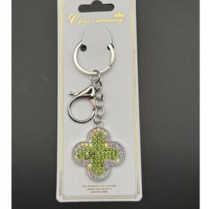Rhinestone Four Leaf Clover Keychain Bag Charm Green Gold Silver